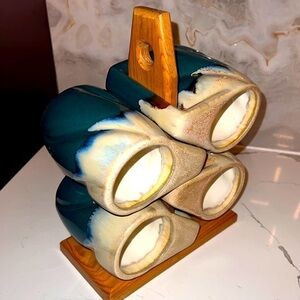 Set of 4 Vintage Padilla Glazed Ombré Ceramic Mugs w/ Wood Stacking Rack